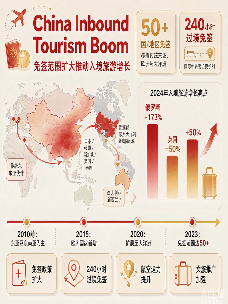 免签版图扩张，50国免签加57国240小时过境免签，客源从东亚延伸到欧洲大洋洲