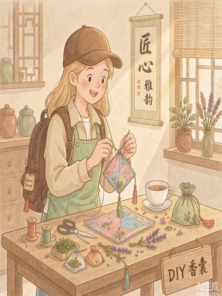 外国游客在成都杜甫草堂辨识中药材、制作中药香囊，沉浸式体验中医药文化